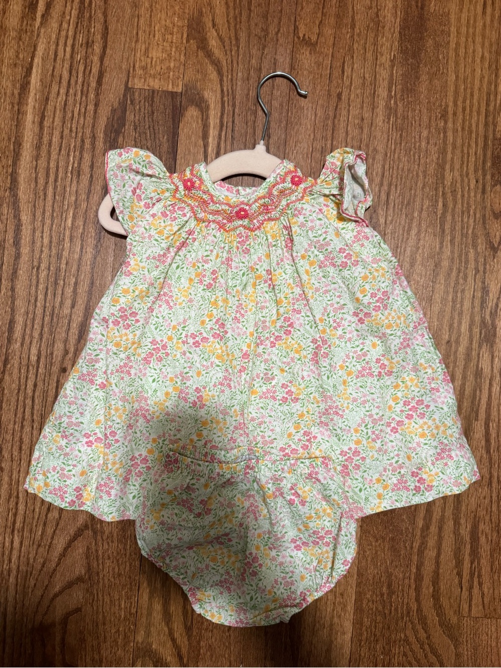 Antoinette Paris Floral Smocked Baby Dress with Bloomers - Pink, Yellow & Green
